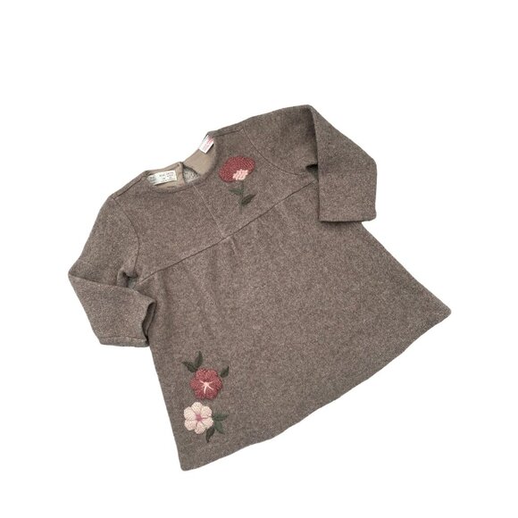 Zara Baby Girl Size 18-24 Brown Sweater Dress Embroidered - Picture 1 of 4